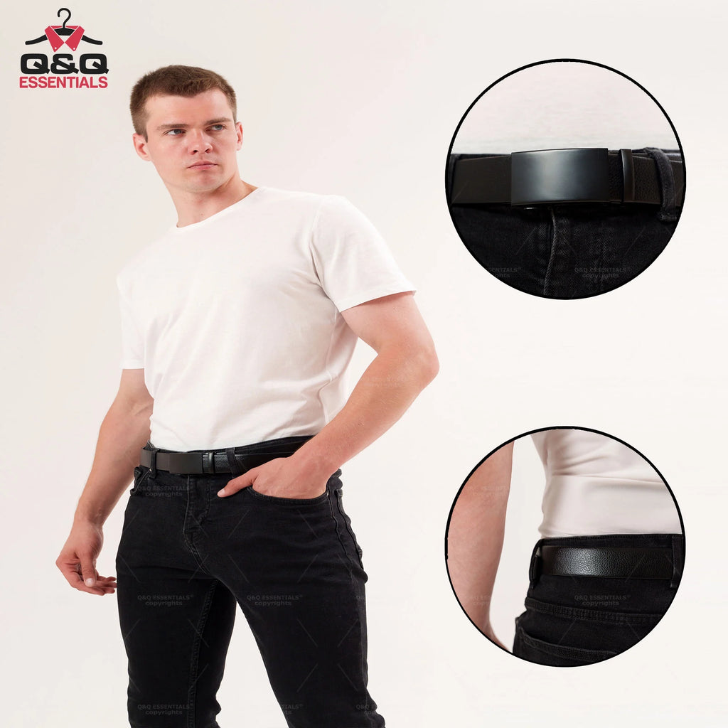 Q&Q ESSENTIALS Mens Ratchet Belt Premium Microfiber Leather Adjustable with Unique Slide Belt Buckle Black