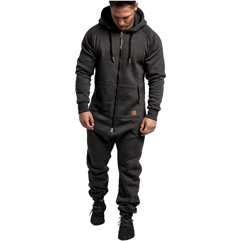 New Foreign Trade Men's Hooded Fleece Jumpsuit Solid Color Casual Men's Suit Jumpsuit