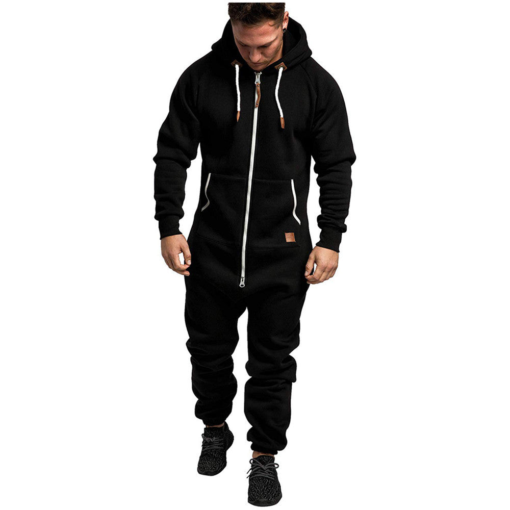 New Foreign Trade Men's Hooded Fleece Jumpsuit Solid Color Casual Men's Suit Jumpsuit