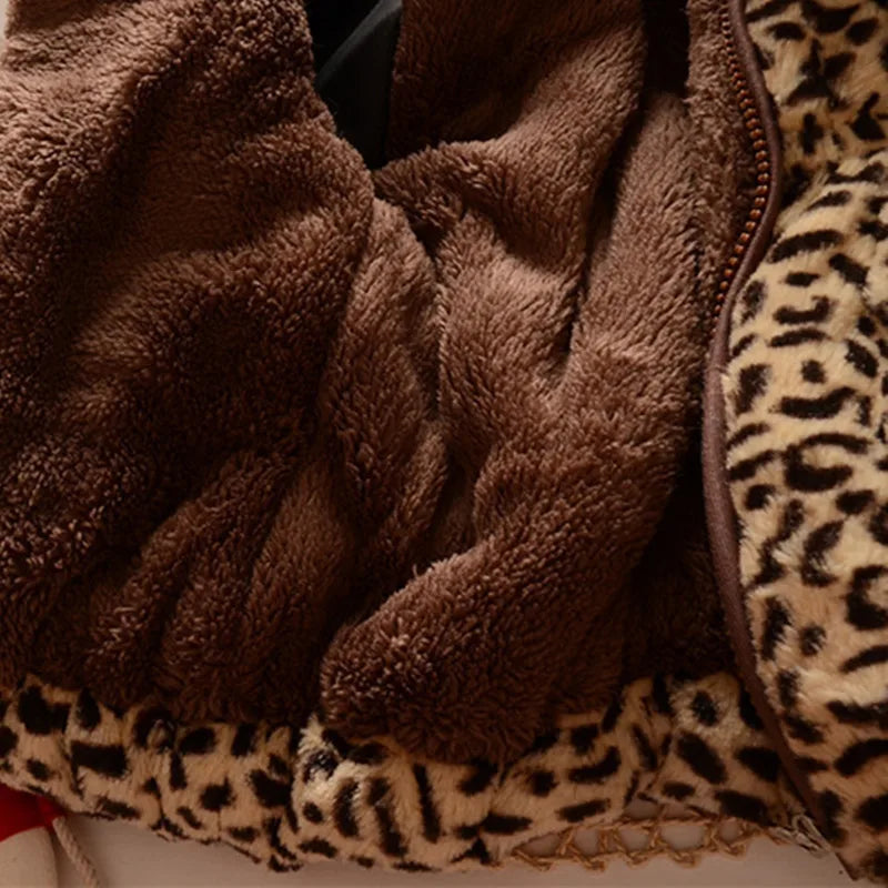 Winter Warmth Leopard Print Full Zip Hooded Soft Baby Girls Woolen Coat Kids Outfits Children Outerwear for 1-8 Years