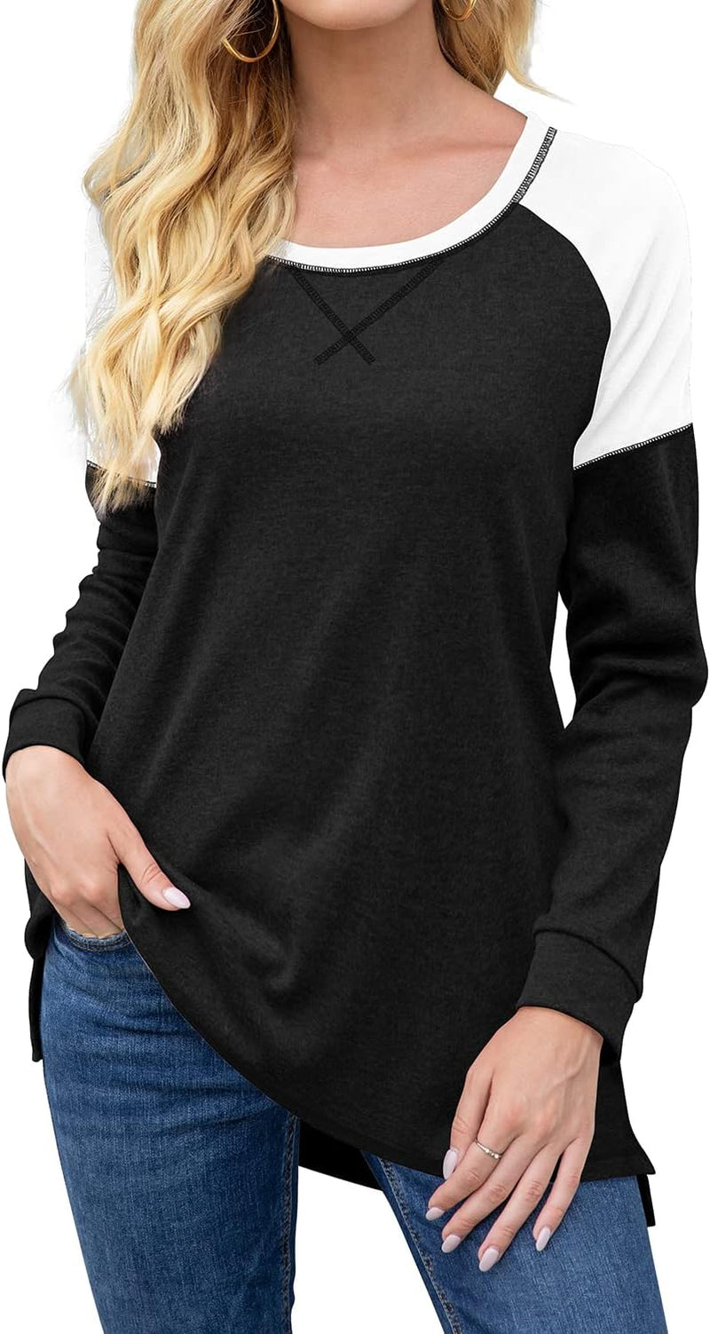 Womens 2022 Fall Long Sleeve Tunic Tops Color Block Casual Loose Fit Shirts