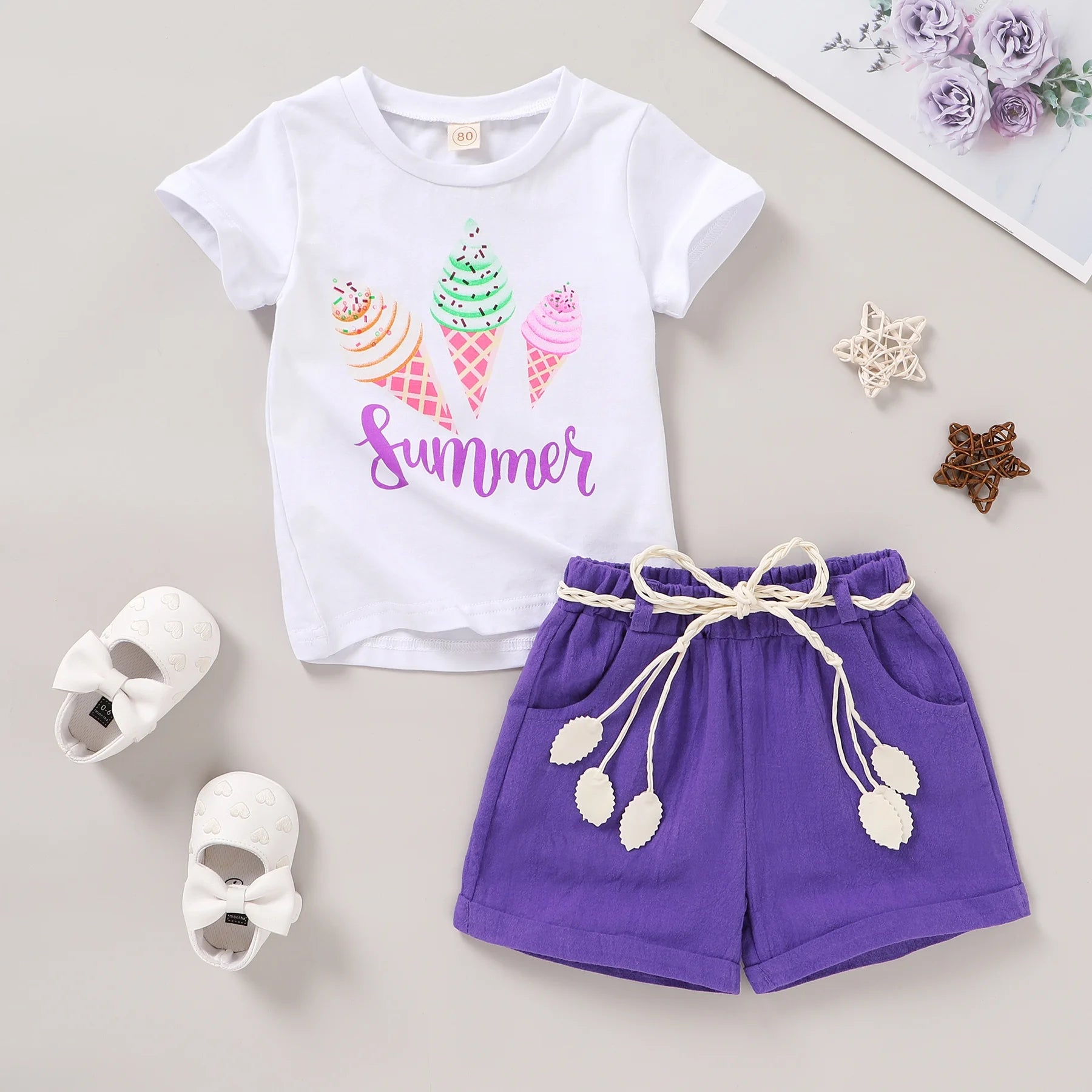 Baby Girl Summer Clothes Set Short Sleeve T-Shirt Shorts 2Pcs Outfits for 18-24 Months