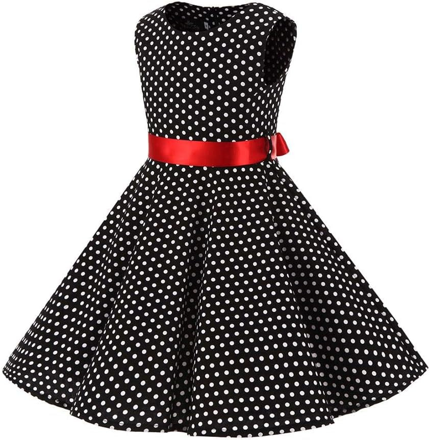 Girls 50S Vintage Polka Dot Flower Swing Rockabilly Prom Party Tea Dress Kids Audrey Wedding Formal Cocktail Evening Gown