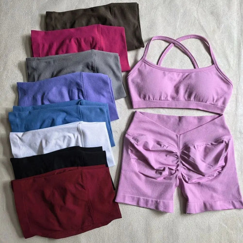 Women'S 2-Piece Yoga Suit Seamless Fitness Suit Gym Clothes Sports Bra Impact Shorts Set Workout Set Gym Outfit
