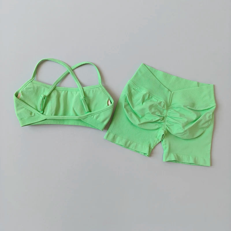 Women'S 2-Piece Yoga Suit Seamless Fitness Suit Gym Clothes Sports Bra Impact Shorts Set Workout Set Gym Outfit