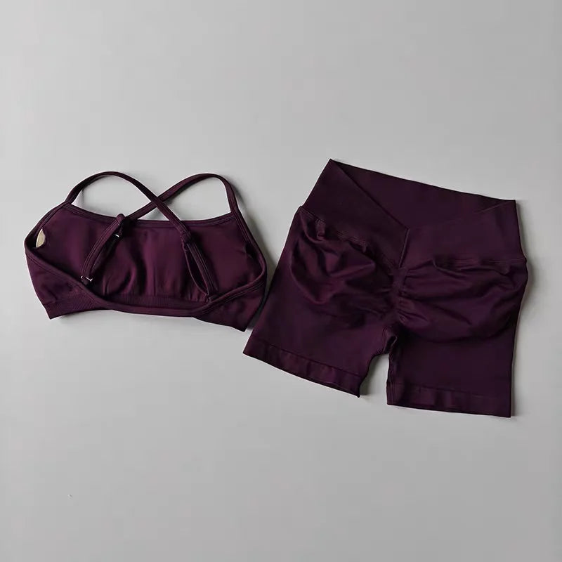 Women'S 2-Piece Yoga Suit Seamless Fitness Suit Gym Clothes Sports Bra Impact Shorts Set Workout Set Gym Outfit