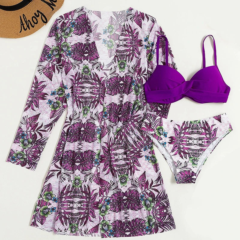 Women Bikini Summer Long Cardigan Bra Briefs 3 Piece Set Sexy Bikini Beach Swimming Suit Printed Swimwear Bikini
