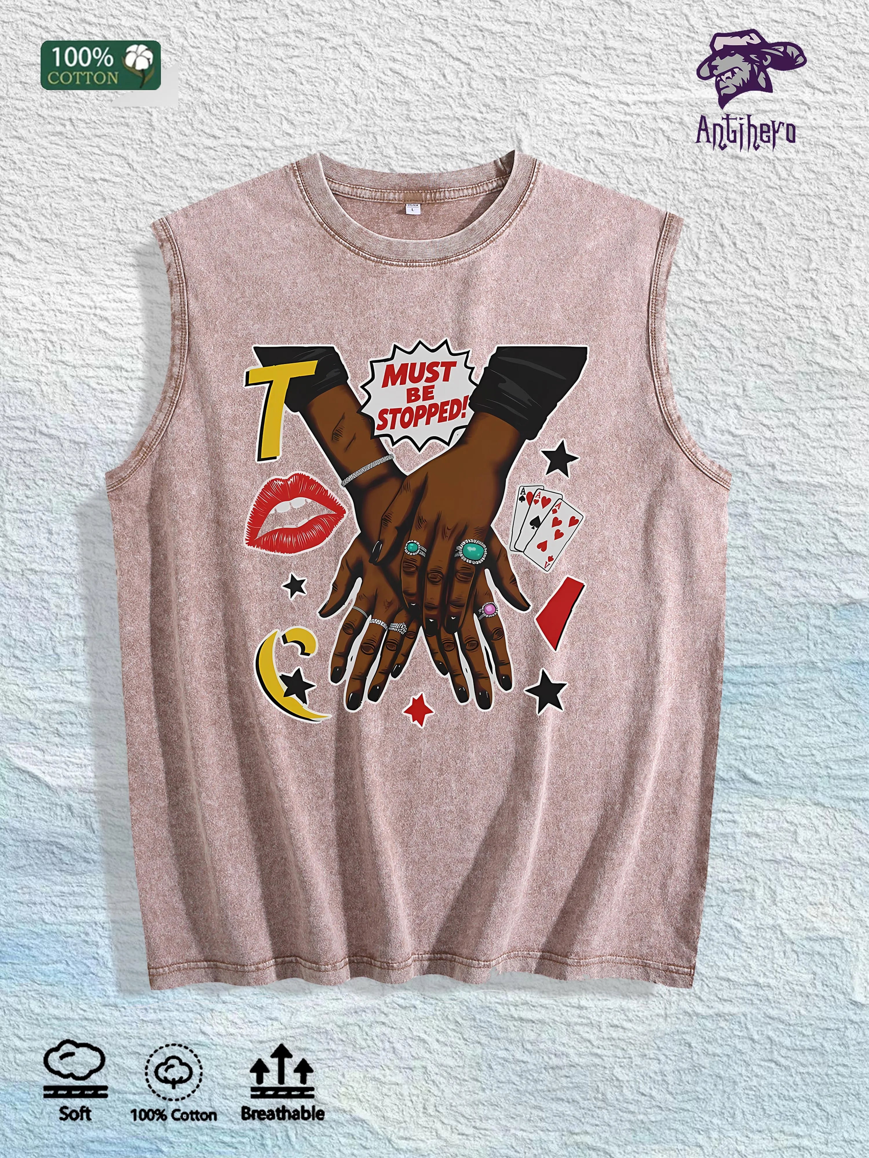 MUST BE STOPPED Graphic Washed Vest US Warehouse 3 Colors Cotton Tank