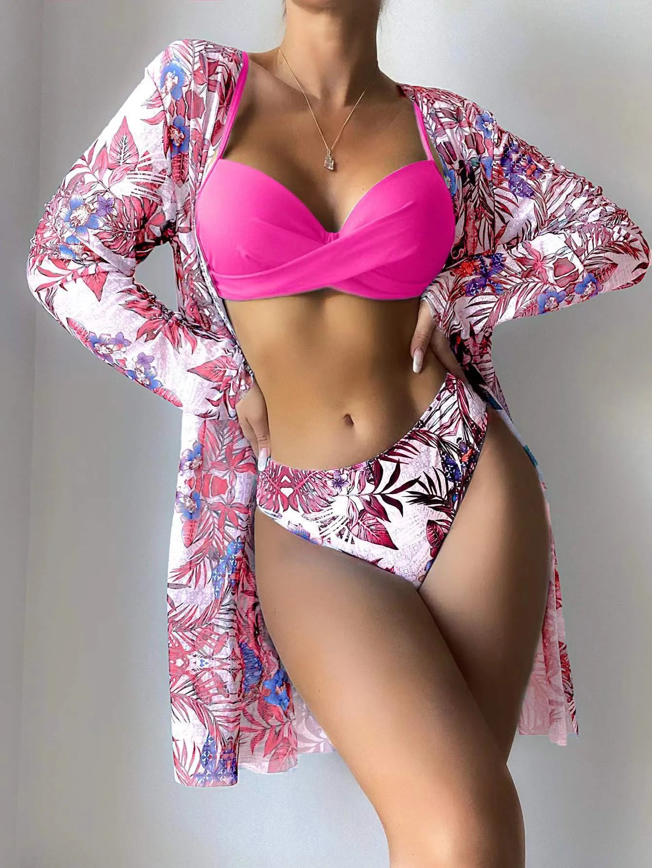 Women Bikini Summer Long Cardigan Bra Briefs 3 Piece Set Sexy Bikini Beach Swimming Suit Printed Swimwear Bikini