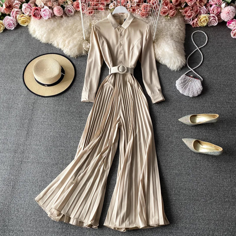 Elegant Slim Long Sleeve Jumpsuit Solid Color Pleated Long Jumpsuit