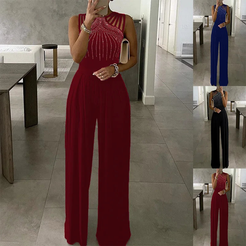 New Arrival Casual Fashion Slim Fit Waist Solid Color Diamond Beaded Plus Size Jumpsuits Elegant Jumpsuit Women