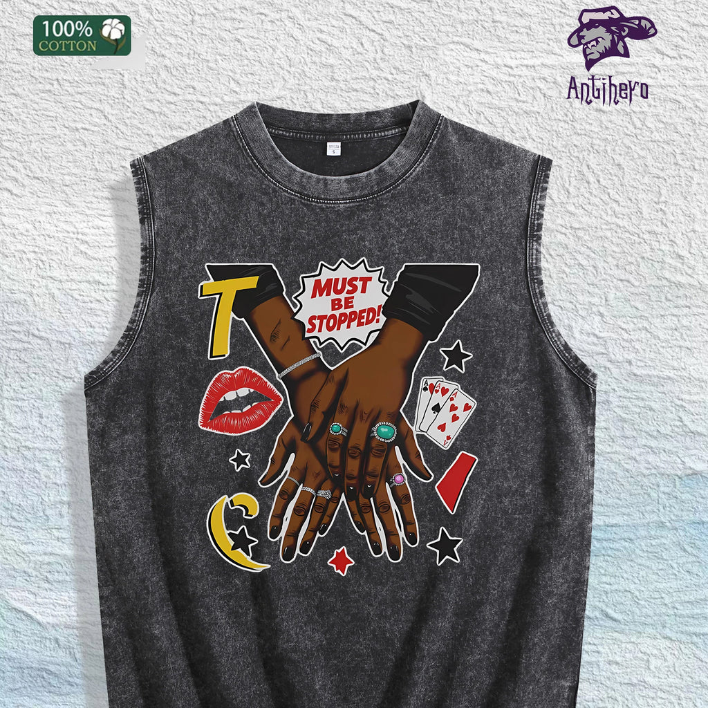 MUST BE STOPPED Graphic Washed Vest US Warehouse 3 Colors Cotton Tank