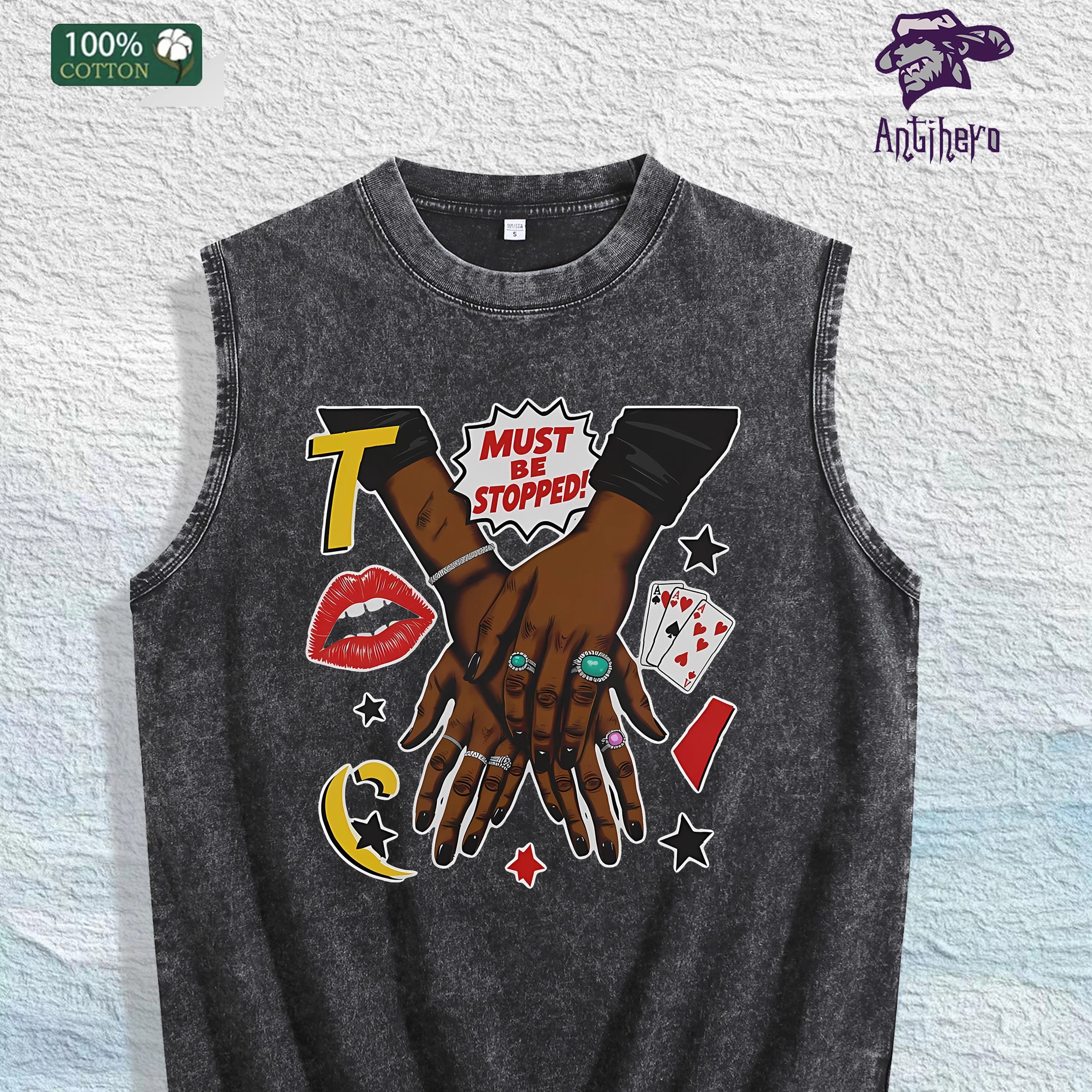 MUST BE STOPPED Graphic Washed Vest US Warehouse 3 Colors Cotton Tank