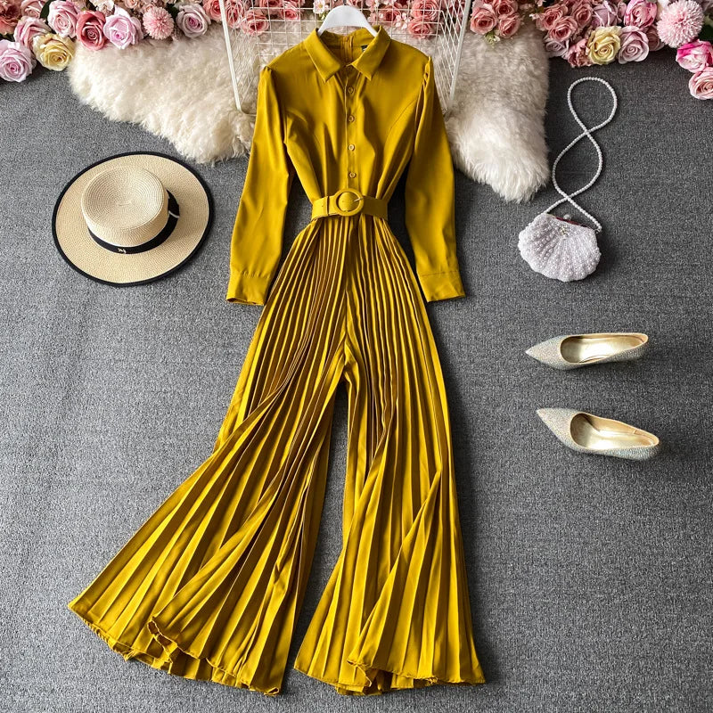 Elegant Slim Long Sleeve Jumpsuit Solid Color Pleated Long Jumpsuit
