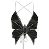 Y Bandage Butterfly Camisole Women Rhinestone Patchwork Solid Festival Vest Backless Midnight Party Sexy Tank Top