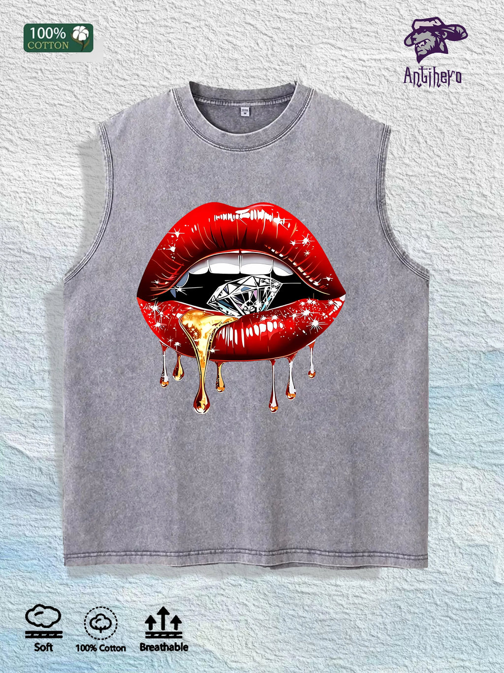 Glam Lips & Diamond Graphic Washed Vest US Warehouse 3 Colors Cotton Tank