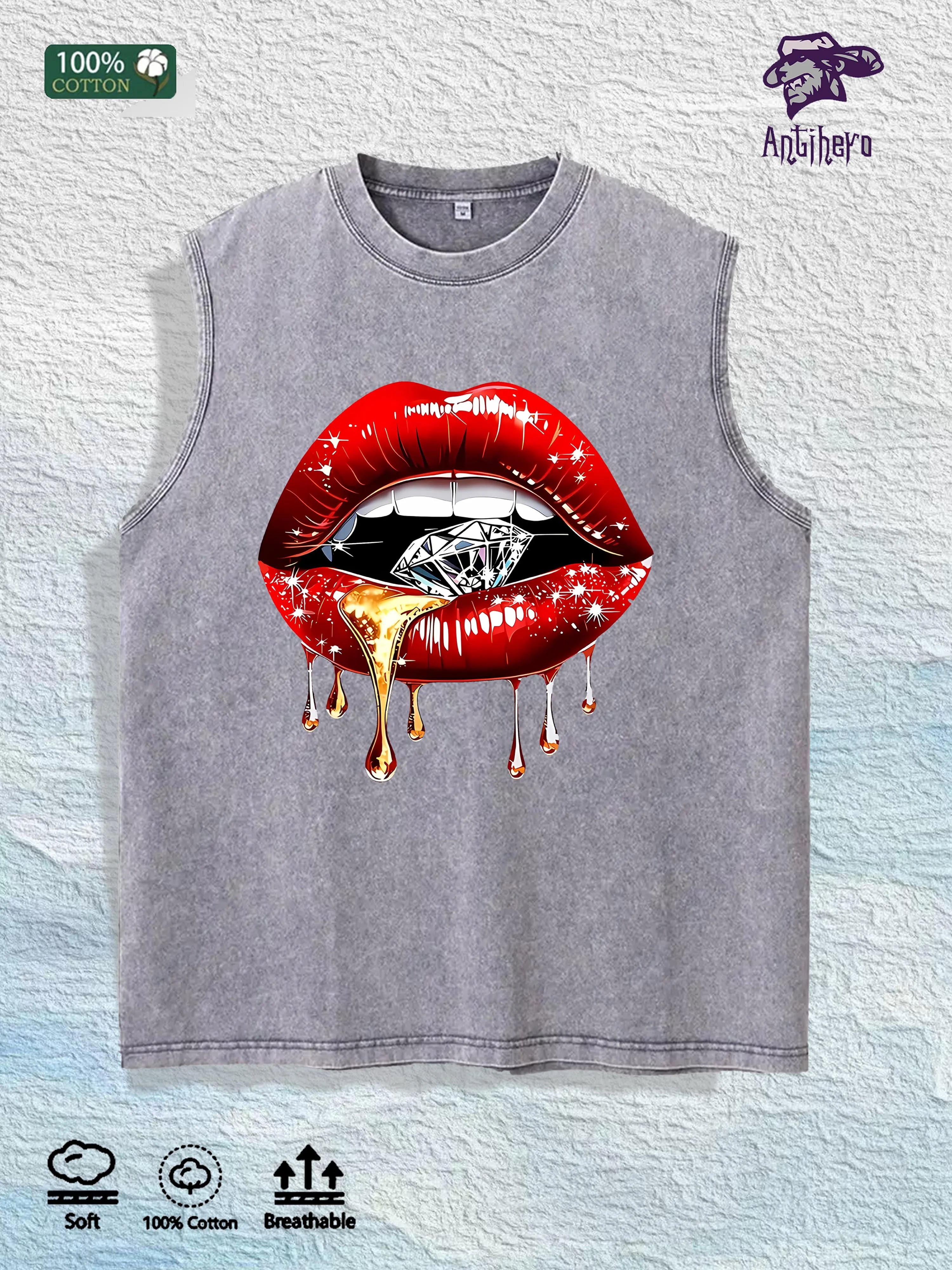 Glam Lips & Diamond Graphic Washed Vest US Warehouse 3 Colors Cotton Tank