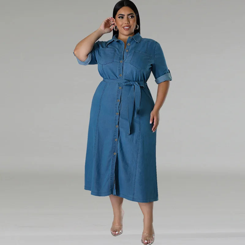 Plus Size Denim Dresses Women Casual Turn-Down Collar Long Sleeve Tied Mid Fall Jeans Dresses for Ladies