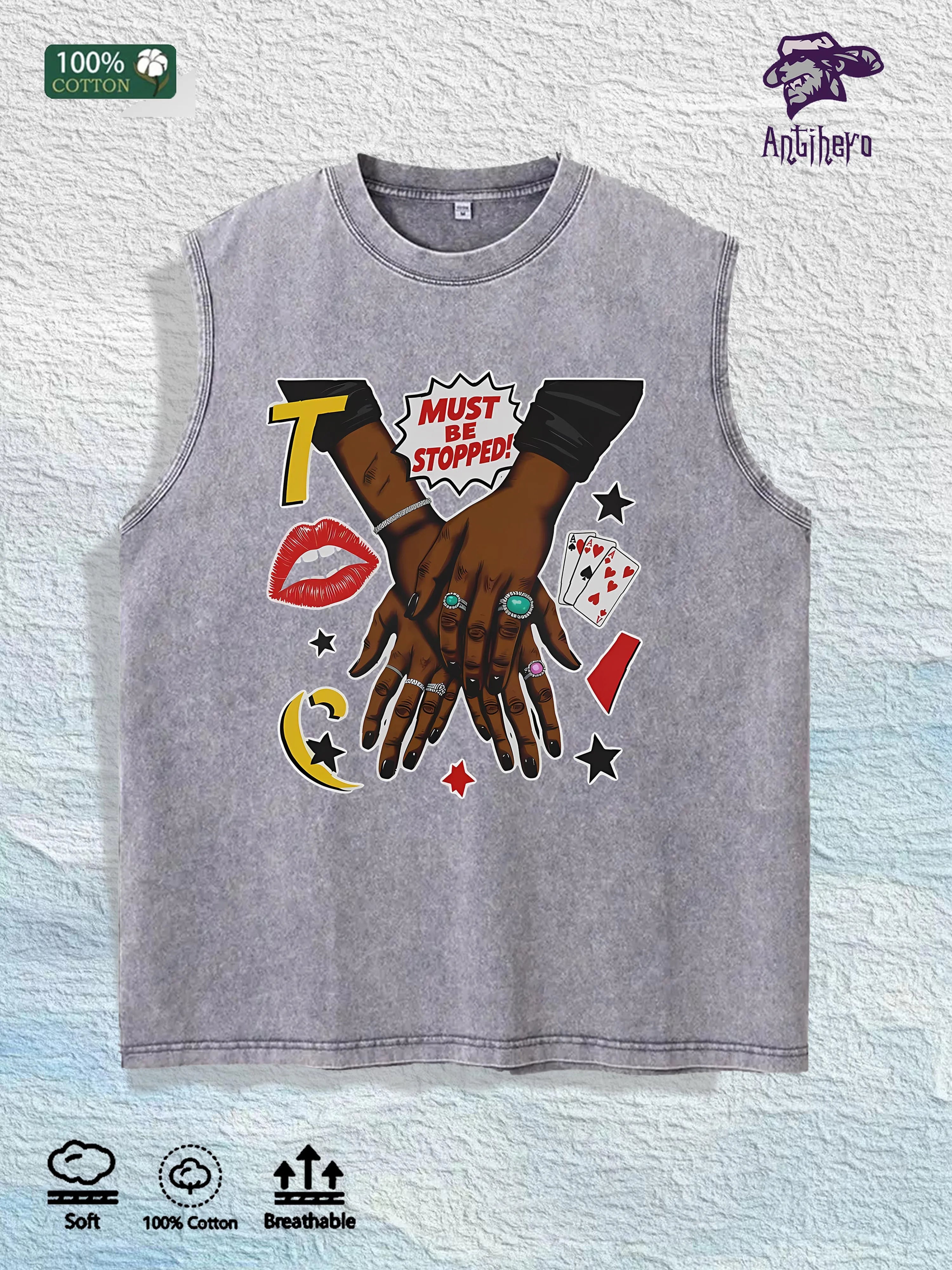MUST BE STOPPED Graphic Washed Vest US Warehouse 3 Colors Cotton Tank