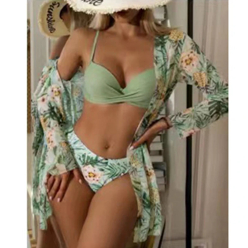 Women Bikini Summer Long Cardigan Bra Briefs 3 Piece Set Sexy Bikini Beach Swimming Suit Printed Swimwear Bikini