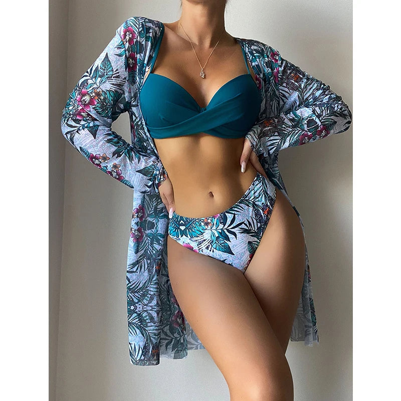 Women Bikini Summer Long Cardigan Bra Briefs 3 Piece Set Sexy Bikini Beach Swimming Suit Printed Swimwear Bikini
