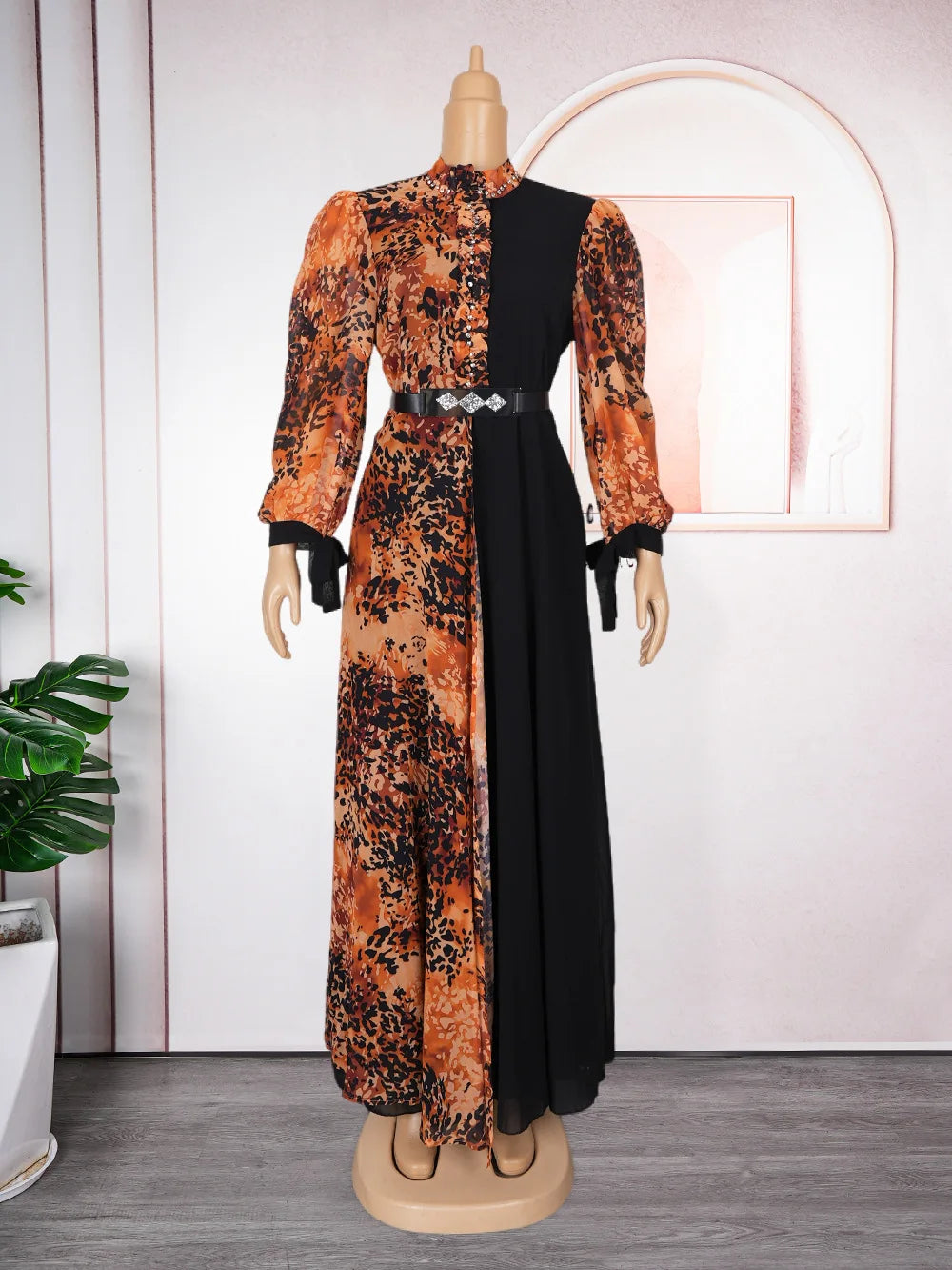 Women Casual Contrast Color Printed Chiffon Long Dress Women Church Dresses