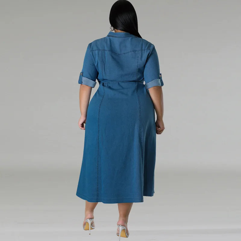 Plus Size Denim Dresses Women Casual Turn-Down Collar Long Sleeve Tied Mid Fall Jeans Dresses for Ladies