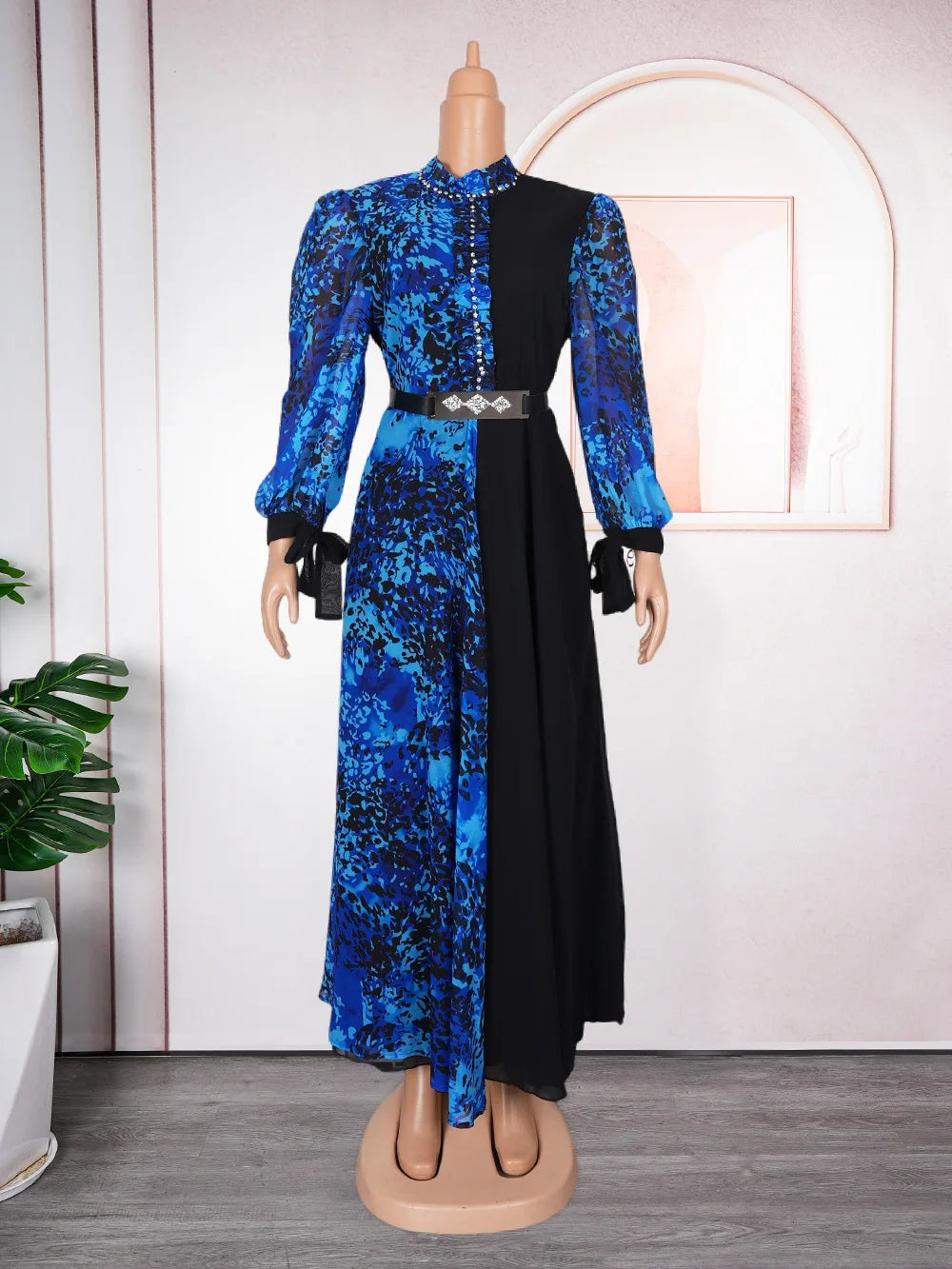 Women Casual Contrast Color Printed Chiffon Long Dress Women Church Dresses