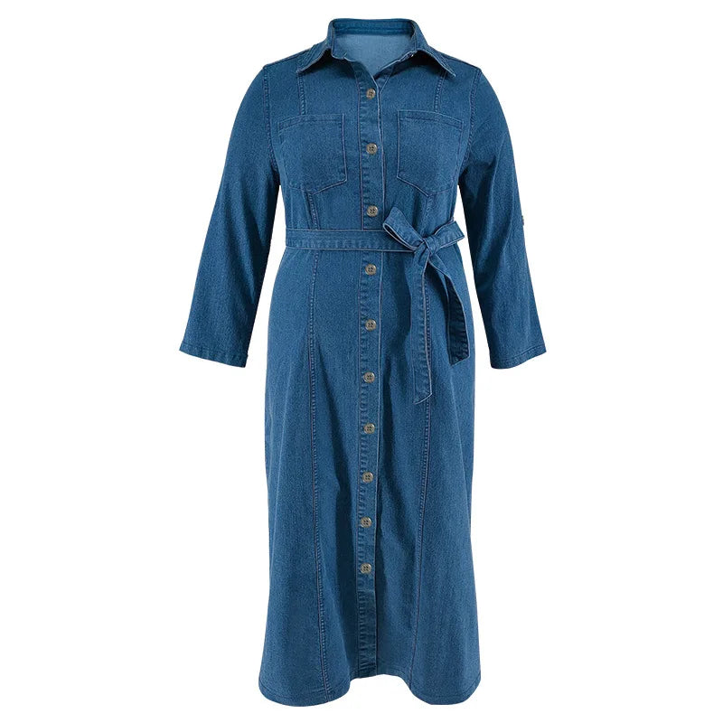 Plus Size Denim Dresses Women Casual Turn-Down Collar Long Sleeve Tied Mid Fall Jeans Dresses for Ladies