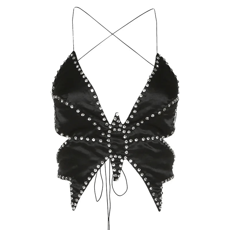 Y Bandage Butterfly Camisole Women Rhinestone Patchwork Solid Festival Vest Backless Midnight Party Sexy Tank Top