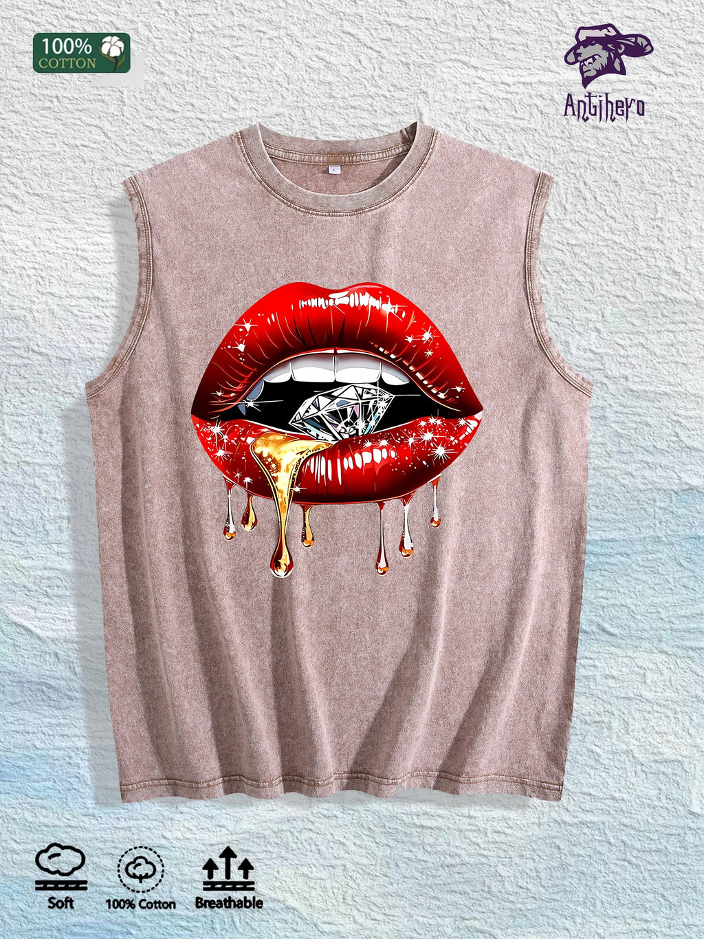 Glam Lips & Diamond Graphic Washed Vest US Warehouse 3 Colors Cotton Tank