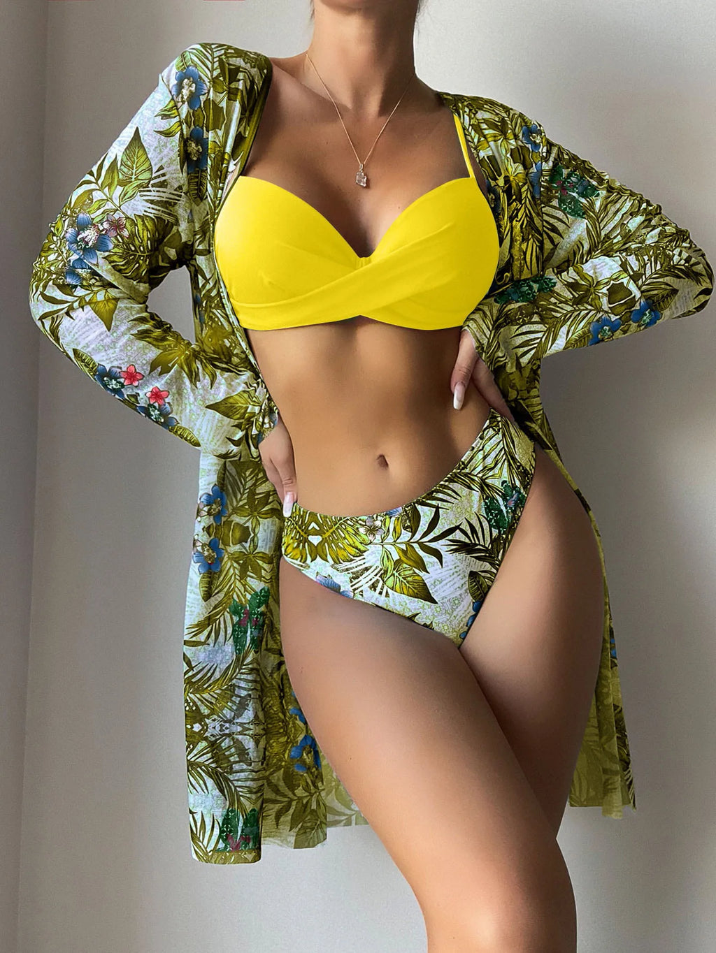 Women Bikini Summer Long Cardigan Bra Briefs 3 Piece Set Sexy Bikini Beach Swimming Suit Printed Swimwear Bikini