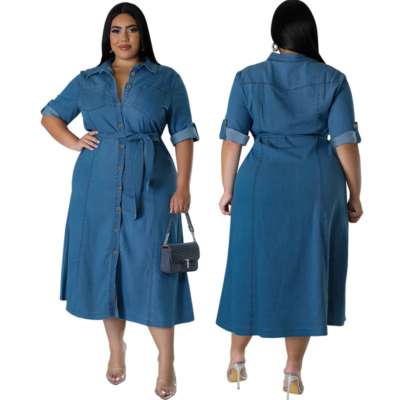 Plus Size Denim Dresses Women Casual Turn-Down Collar Long Sleeve Tied Mid Fall Jeans Dresses for Ladies