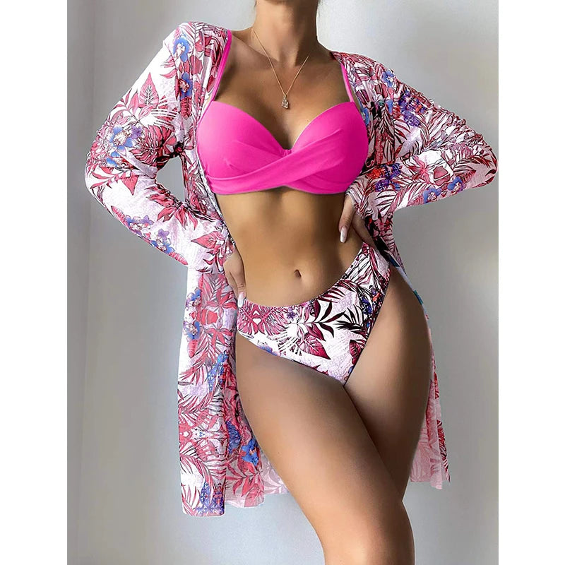 Women Bikini Summer Long Cardigan Bra Briefs 3 Piece Set Sexy Bikini Beach Swimming Suit Printed Swimwear Bikini