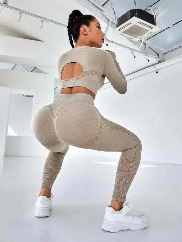 Women Seamless Activewear Set Top High Waist Compression Tights Yoga Pants Leggings Fitness Gym Set Open Back Hollow Long Sleeve