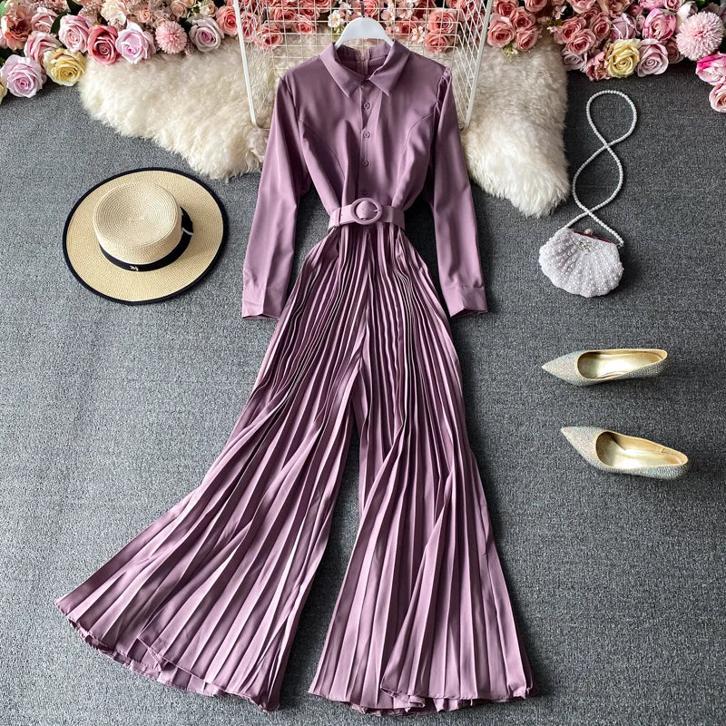 Elegant Slim Long Sleeve Jumpsuit Solid Color Pleated Long Jumpsuit