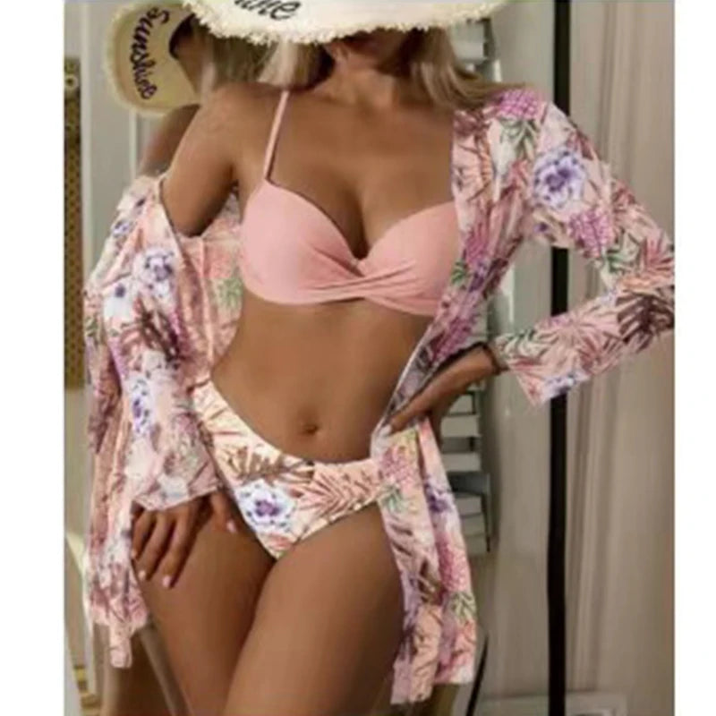 Women Bikini Summer Long Cardigan Bra Briefs 3 Piece Set Sexy Bikini Beach Swimming Suit Printed Swimwear Bikini