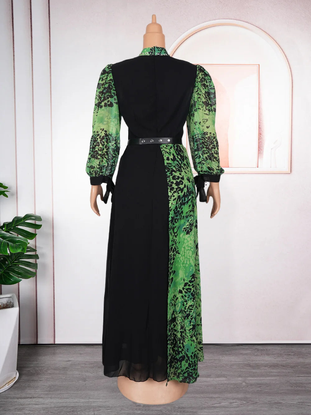 Women Casual Contrast Color Printed Chiffon Long Dress Women Church Dresses