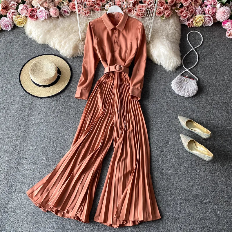 Elegant Slim Long Sleeve Jumpsuit Solid Color Pleated Long Jumpsuit