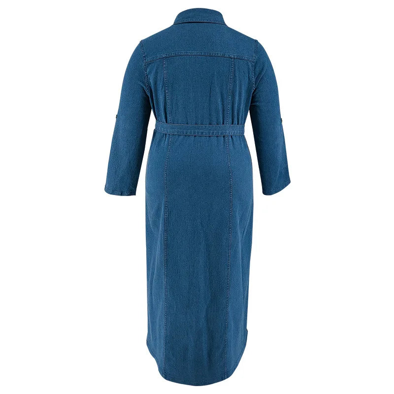 Plus Size Denim Dresses Women Casual Turn-Down Collar Long Sleeve Tied Mid Fall Jeans Dresses for Ladies