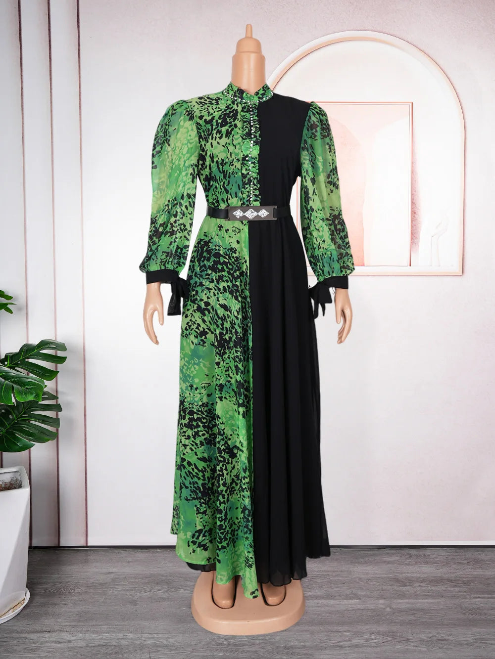Women Casual Contrast Color Printed Chiffon Long Dress Women Church Dresses