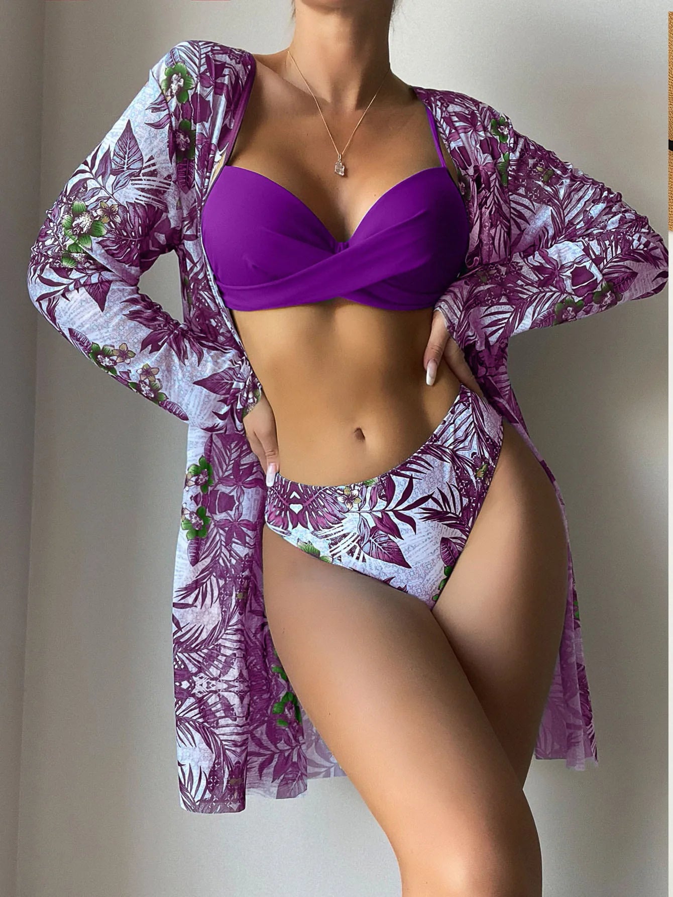 Women Bikini Summer Long Cardigan Bra Briefs 3 Piece Set Sexy Bikini Beach Swimming Suit Printed Swimwear Bikini