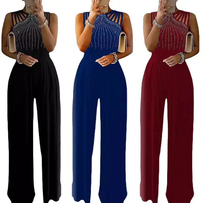 New Arrival Casual Fashion Slim Fit Waist Solid Color Diamond Beaded Plus Size Jumpsuits Elegant Jumpsuit Women