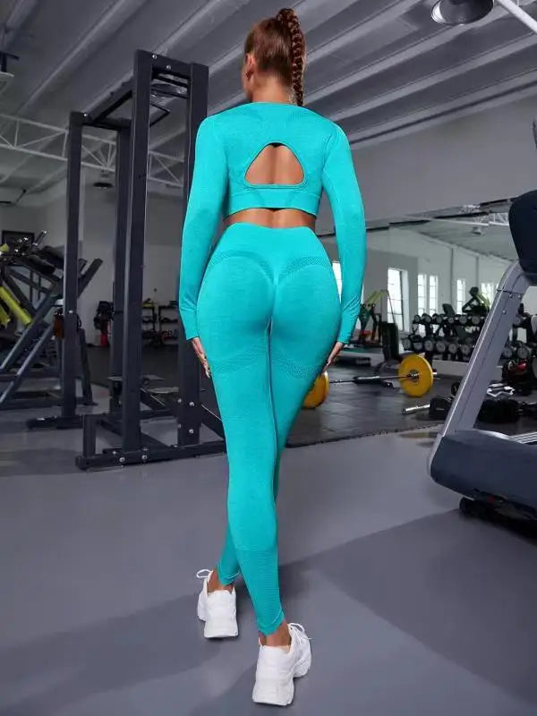 Women Seamless Activewear Set Top High Waist Compression Tights Yoga Pants Leggings Fitness Gym Set Open Back Hollow Long Sleeve