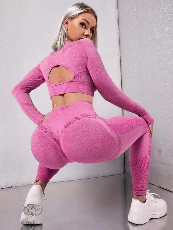 Women Seamless Activewear Set Top High Waist Compression Tights Yoga Pants Leggings Fitness Gym Set Open Back Hollow Long Sleeve
