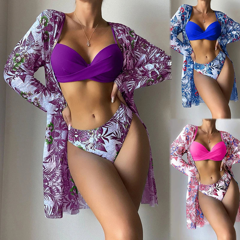Women Bikini Summer Long Cardigan Bra Briefs 3 Piece Set Sexy Bikini Beach Swimming Suit Printed Swimwear Bikini