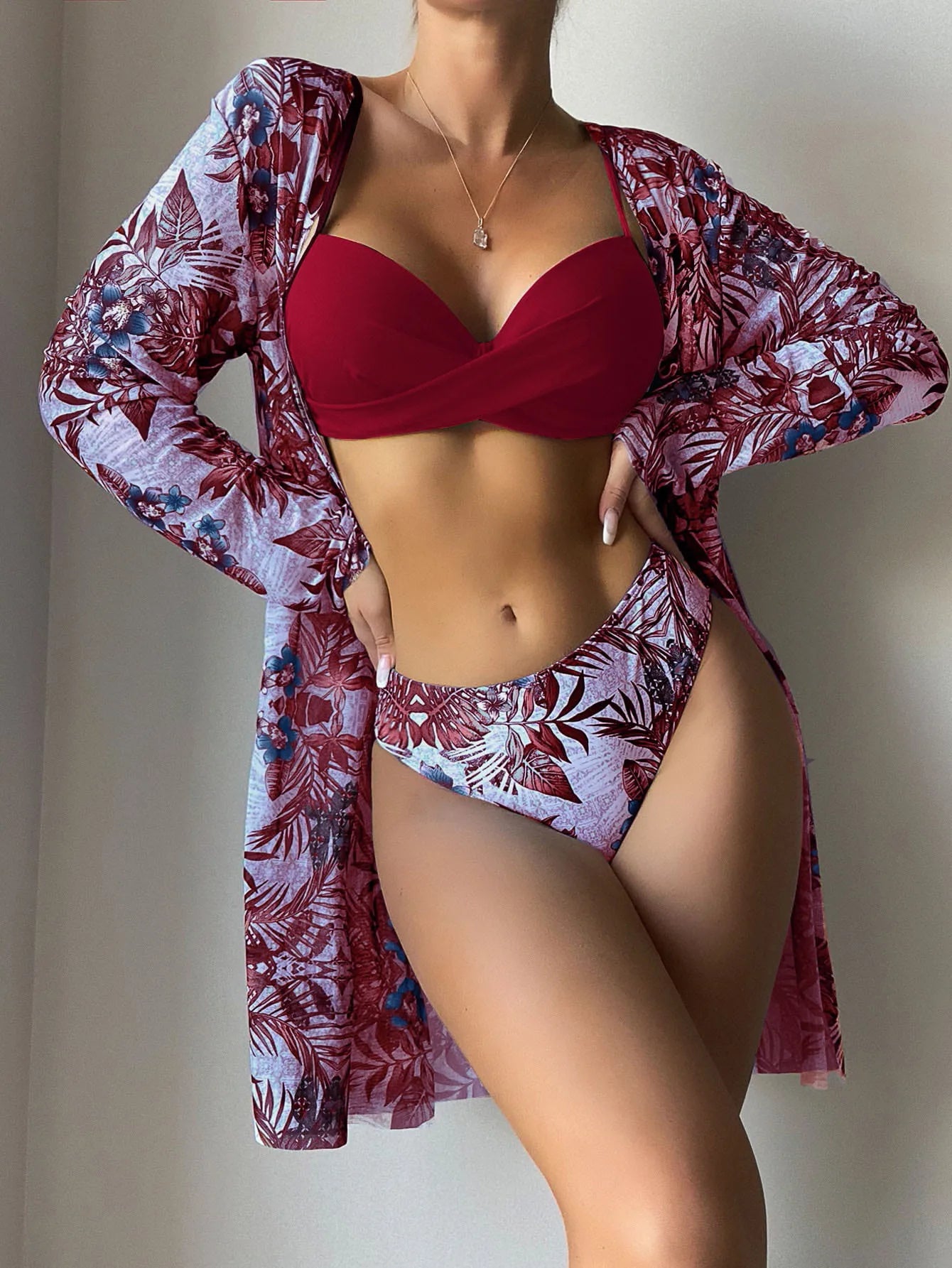 Women Bikini Summer Long Cardigan Bra Briefs 3 Piece Set Sexy Bikini Beach Swimming Suit Printed Swimwear Bikini