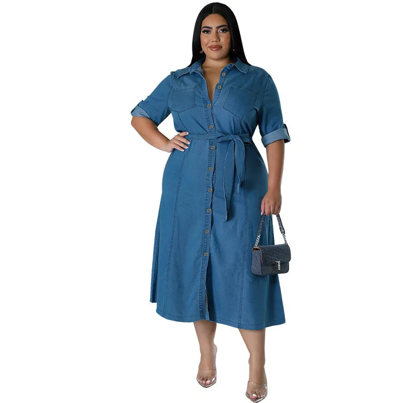 Plus Size Denim Dresses Women Casual Turn-Down Collar Long Sleeve Tied Mid Fall Jeans Dresses for Ladies