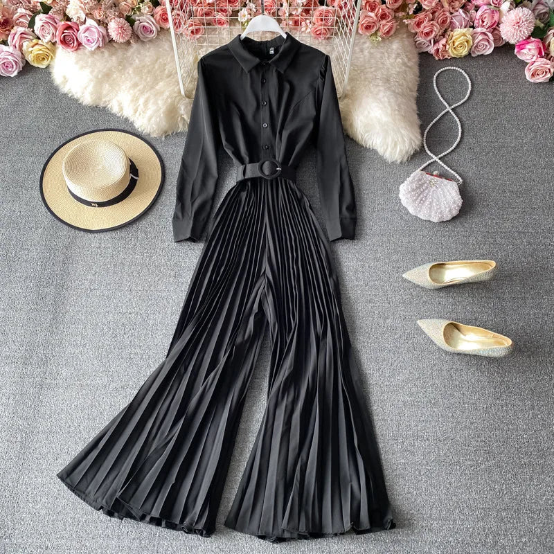 Elegant Slim Long Sleeve Jumpsuit Solid Color Pleated Long Jumpsuit