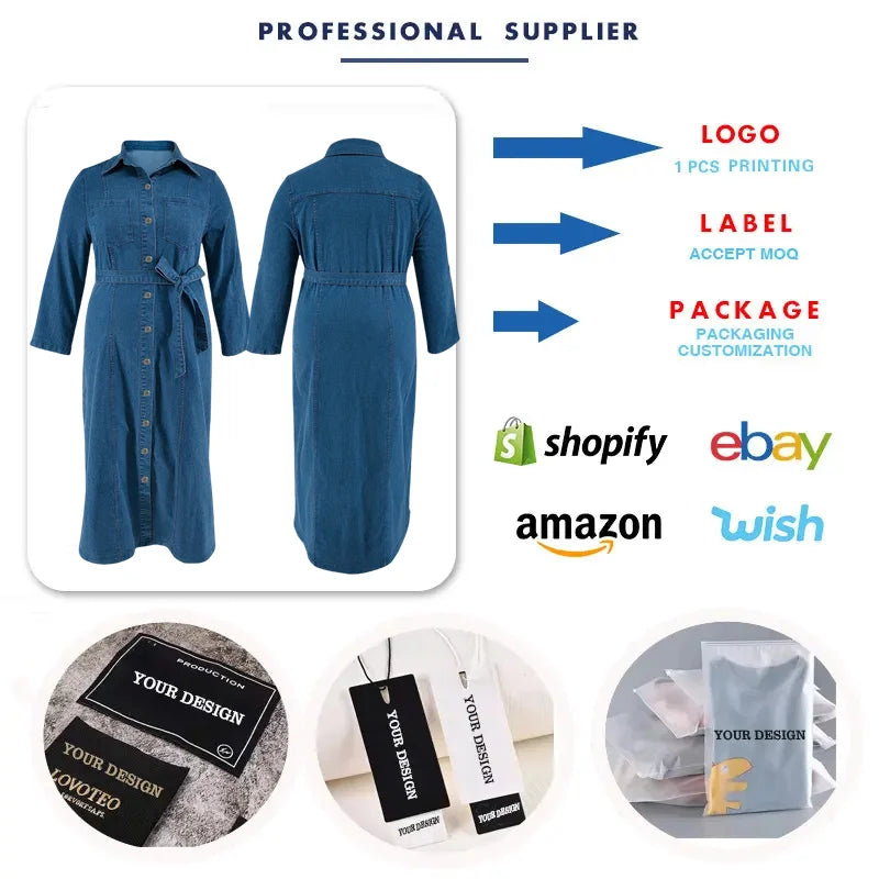Plus Size Denim Dresses Women Casual Turn-Down Collar Long Sleeve Tied Mid Fall Jeans Dresses for Ladies